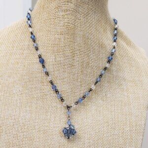 Soho Design, signed, vintage blue clear beaded wire wrap flower pendant necklace